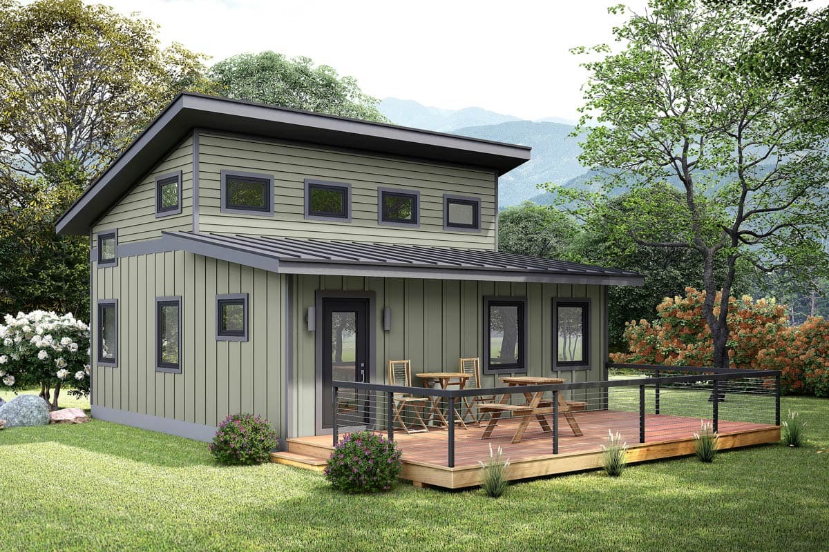 House plan exterior featuring a two-story modern design with a shed roof, rectangular windows, and a raised deck with cable railing.