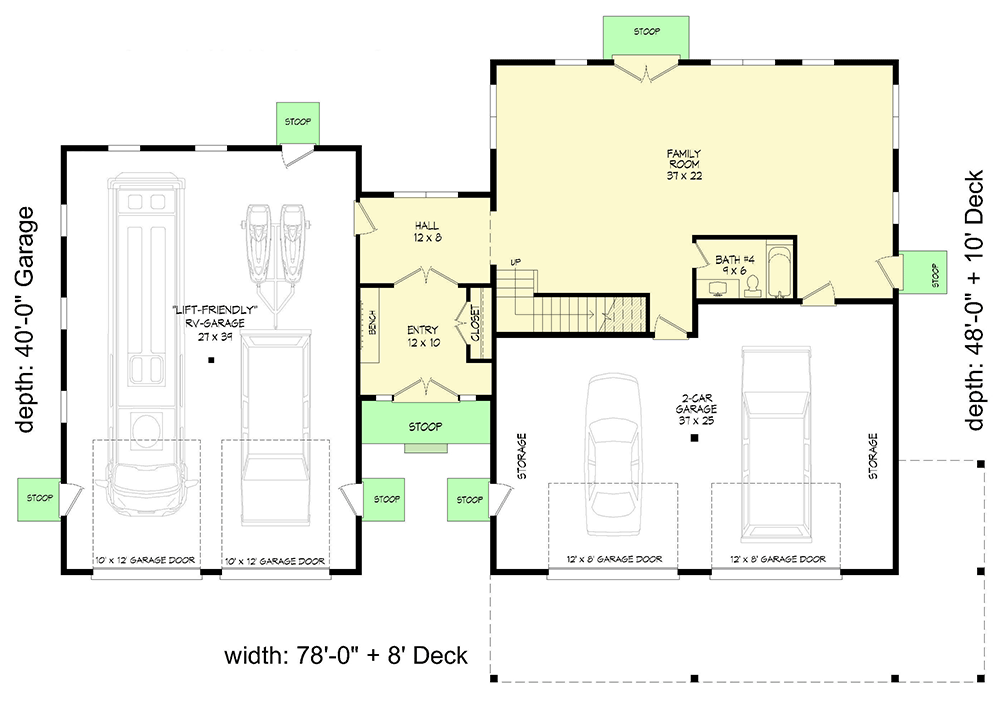 Plan 680424VR: Three-Story Mountain Lake House Plan with Oversized RV Friendly Garage - 4005 Sq Ft - Floor Plan - Main Level - Country, Craftsman, Mountain