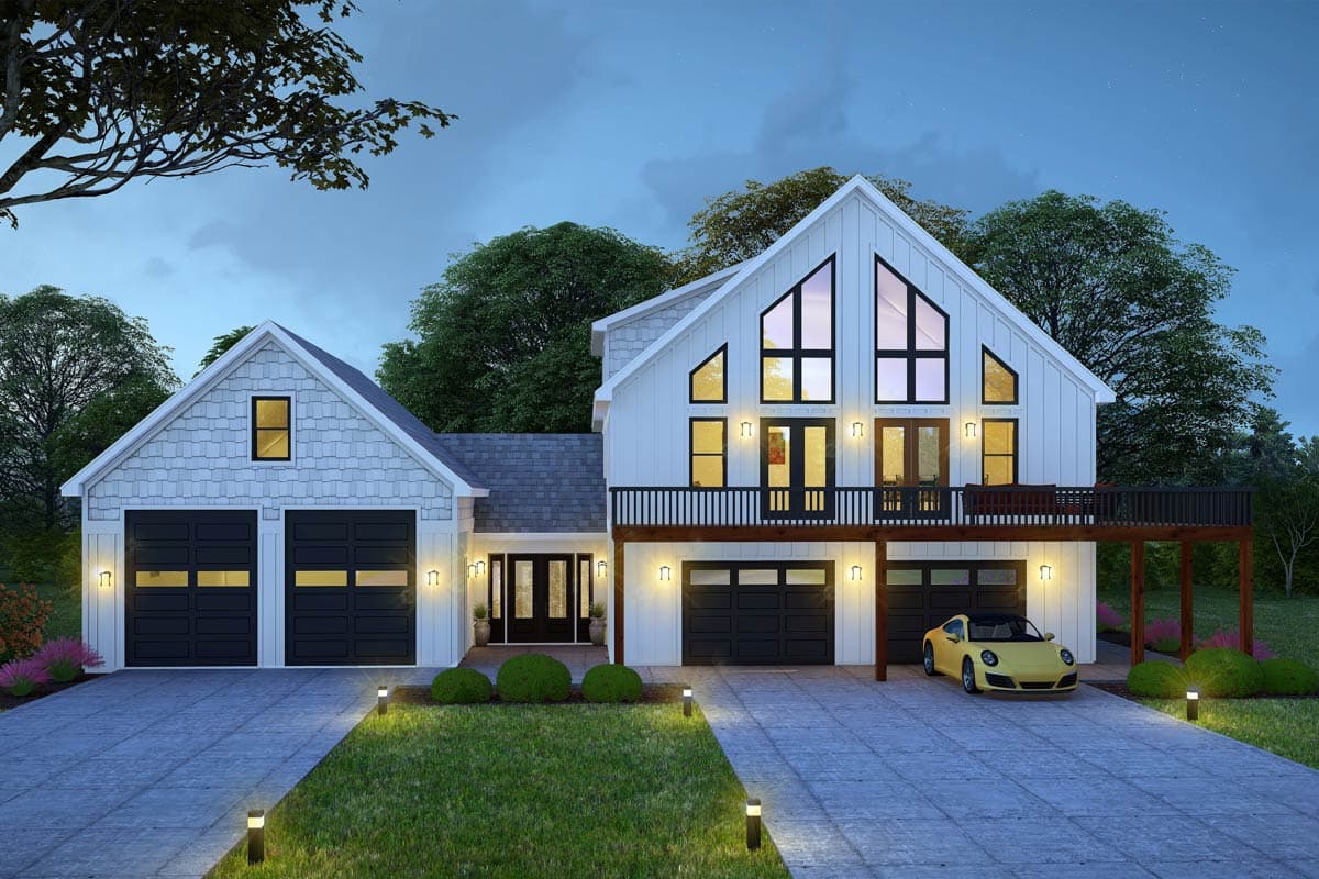 House plan exterior. Two-story Modern Farmhouse with gabled roof, balcony, and attached garage. Includes large windows and a covered entry.