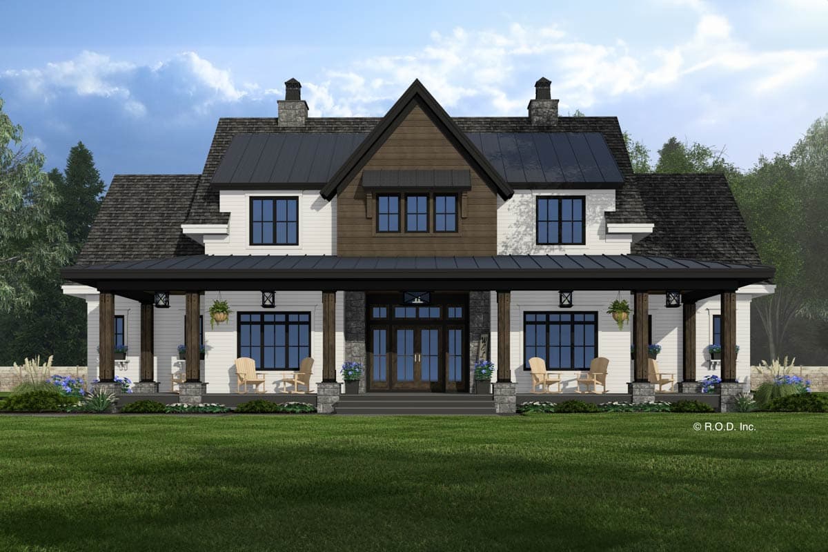 Modern Farmhouse style house plan exterior with a prominent wraparound porch, gables, and dual chimneys.