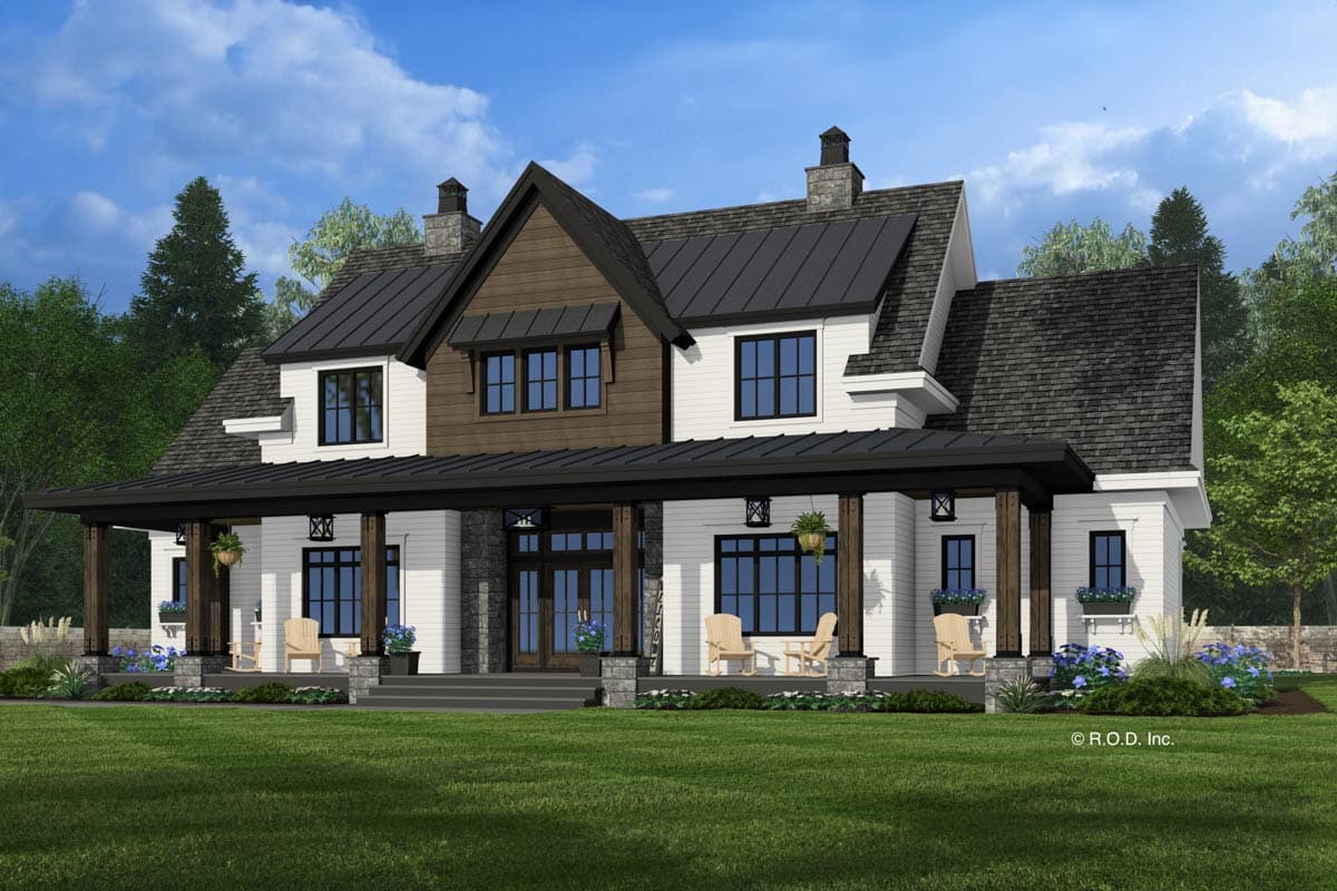 Modern Farmhouse house plan exterior with a wraparound porch, stone accents, and a prominent gable with wood siding.