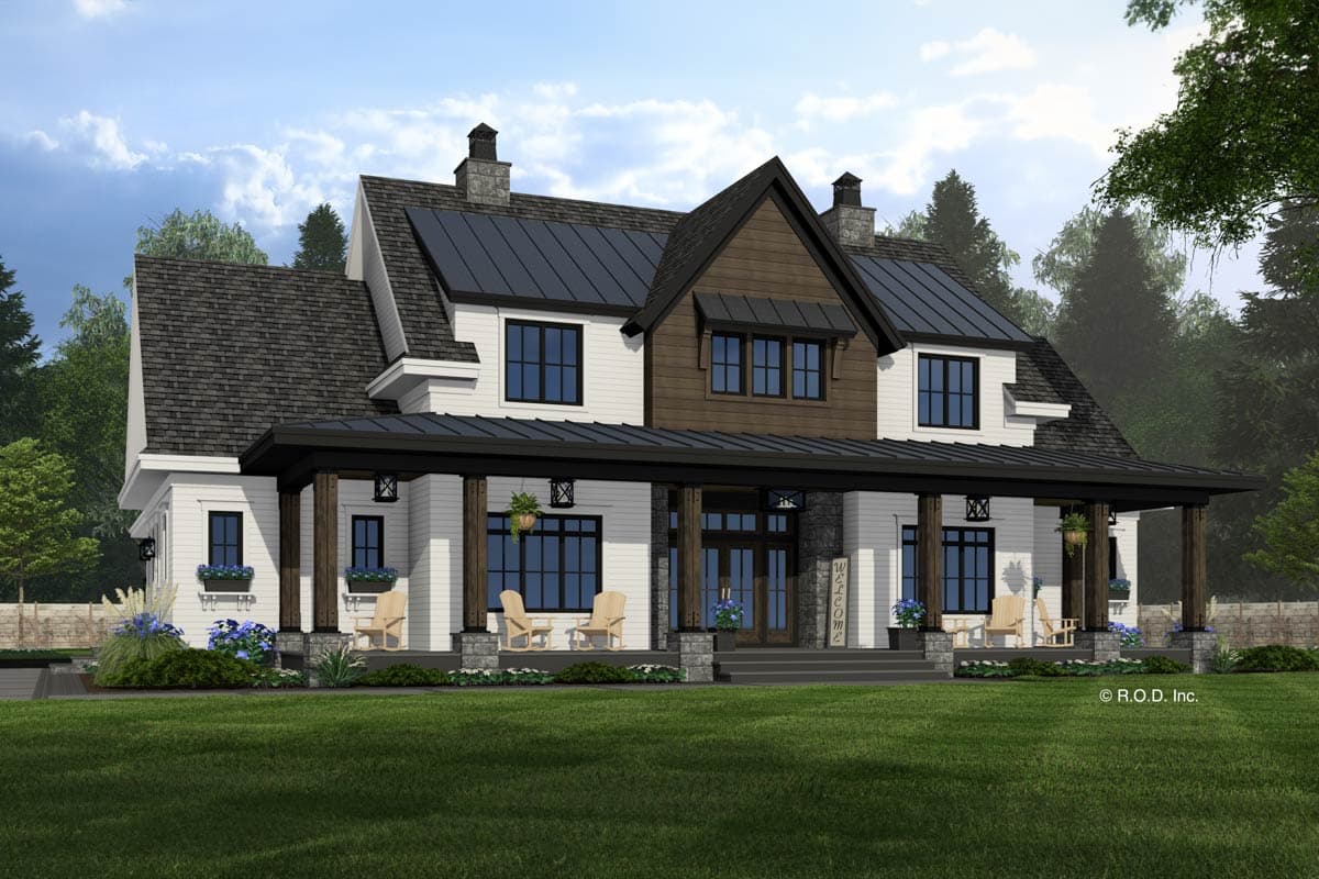 House plan exterior. Two-story Modern Farmhouse with a gabled roof, prominent porch, and dormers. Features dark metal roof and wood accents.