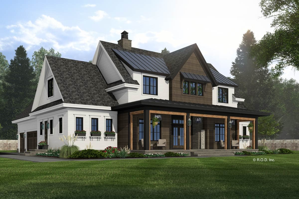 House plan exterior: Modern Farmhouse style, two stories, white siding, dark metal roof, large covered front porch with wood columns, gables.