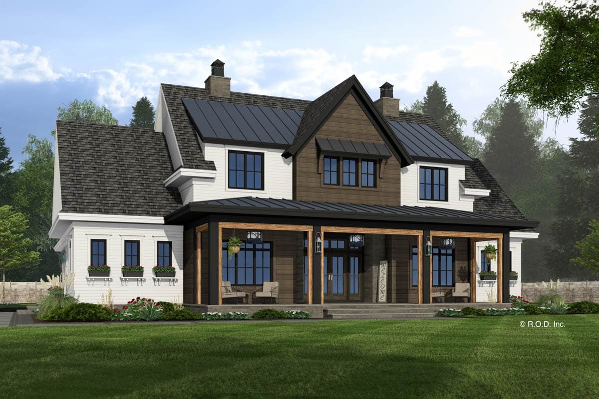 Modern Farmhouse house plan exterior with wraparound porch, gable dormers, and dual chimneys.