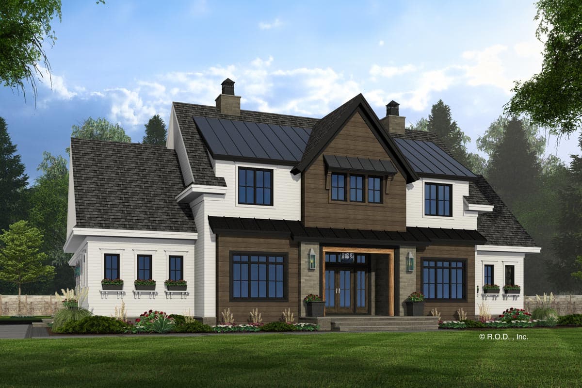 House plan exterior. Two-story Modern Farmhouse with gabled rooflines, dark metal roof, black-framed windows, and a covered porch entry.