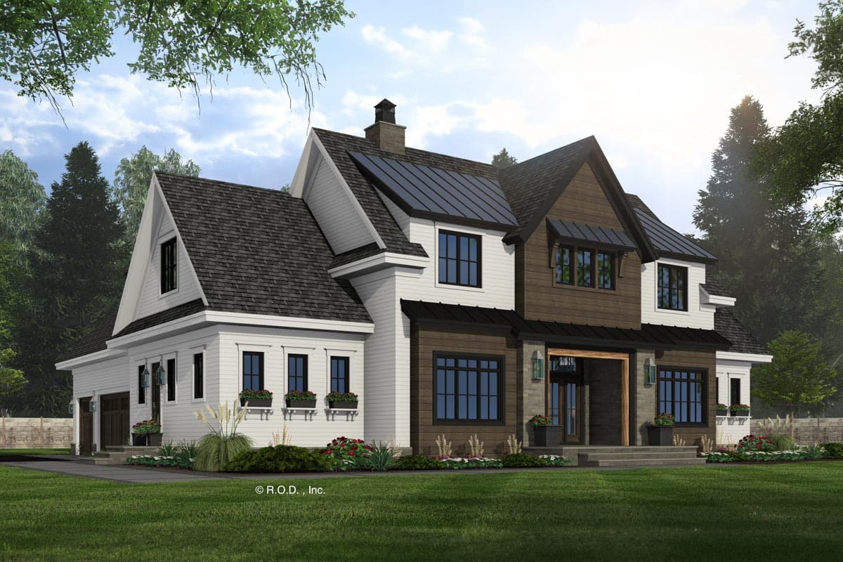 Modern Farmhouse house plan exterior with multiple gables, a prominent entryway, and contrasting siding.