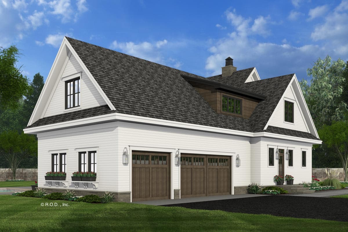 Modern Farmhouse house plan exterior with white siding, gables, dormers, and a triple-car garage.