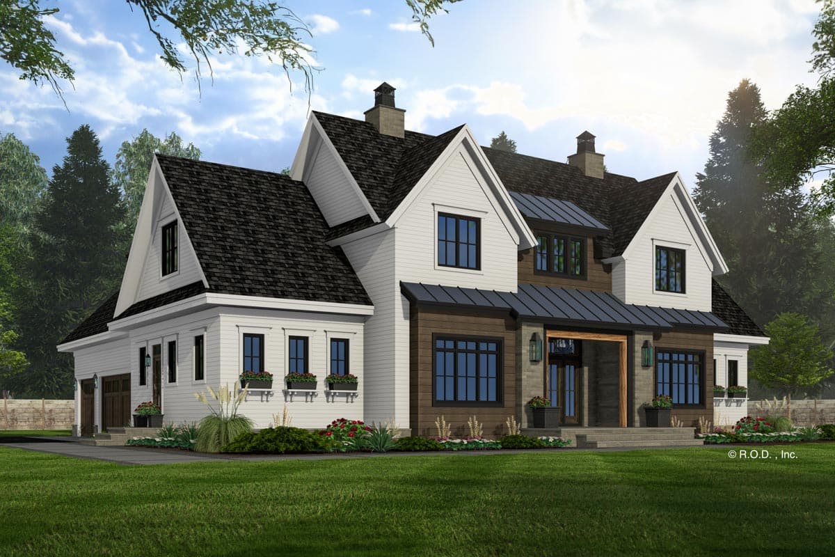 Modern Farmhouse house plan exterior with multiple gables, side-entry garage, and prominent covered entrance with wood beams.