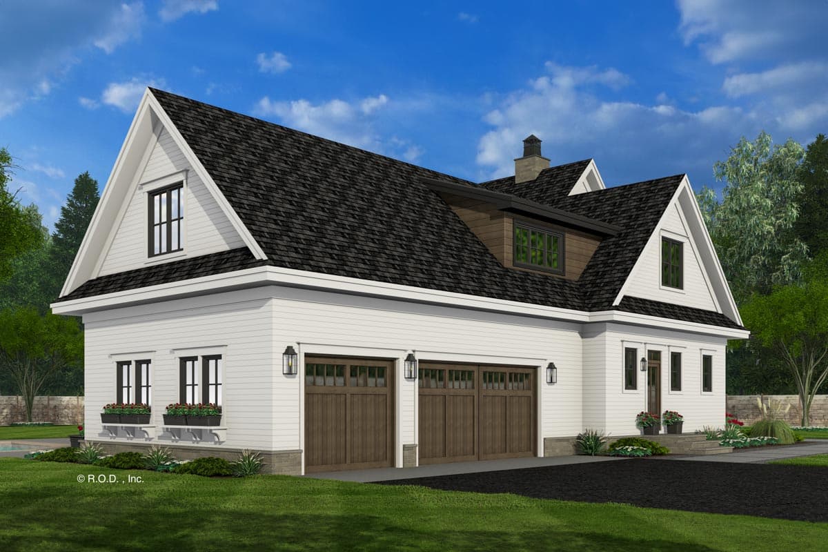 House plan exterior, two-story Modern Farmhouse with a three-car garage, prominent gables, and dormer windows.