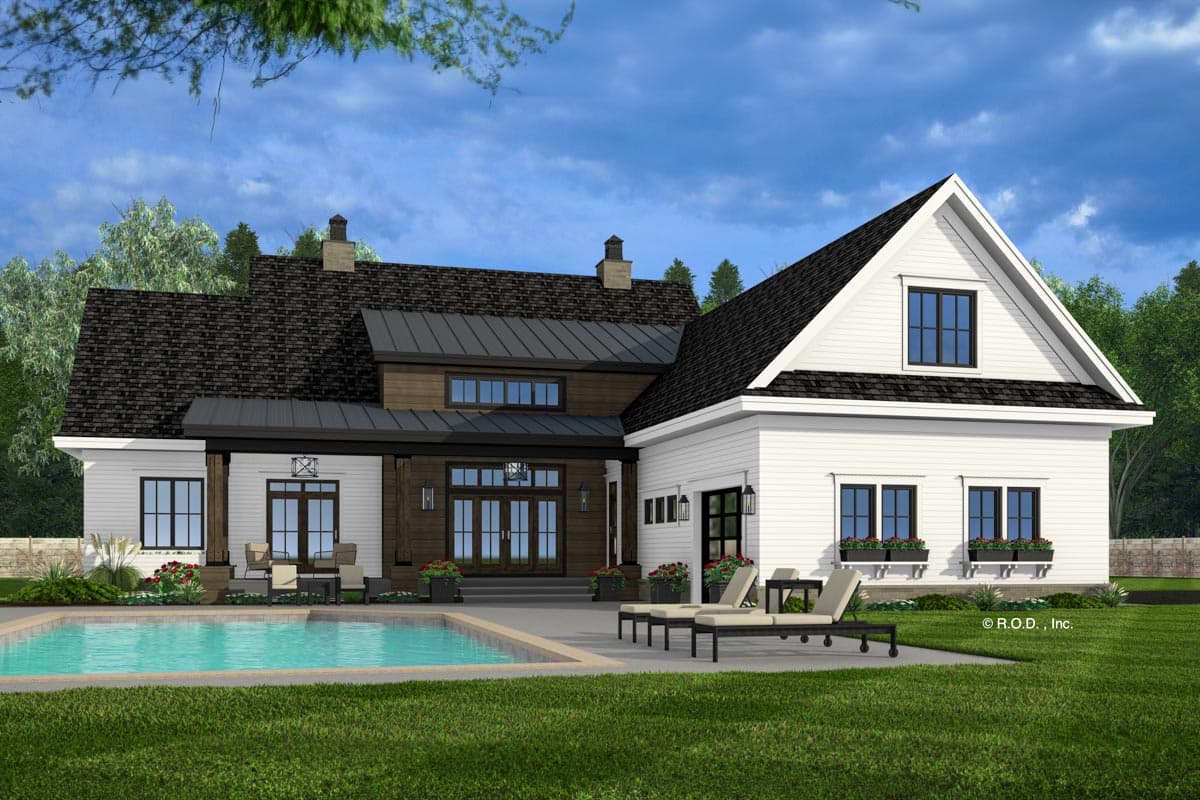 House plan exterior: Modern Farmhouse style, two stories, front porch, gables, and a metal roof.