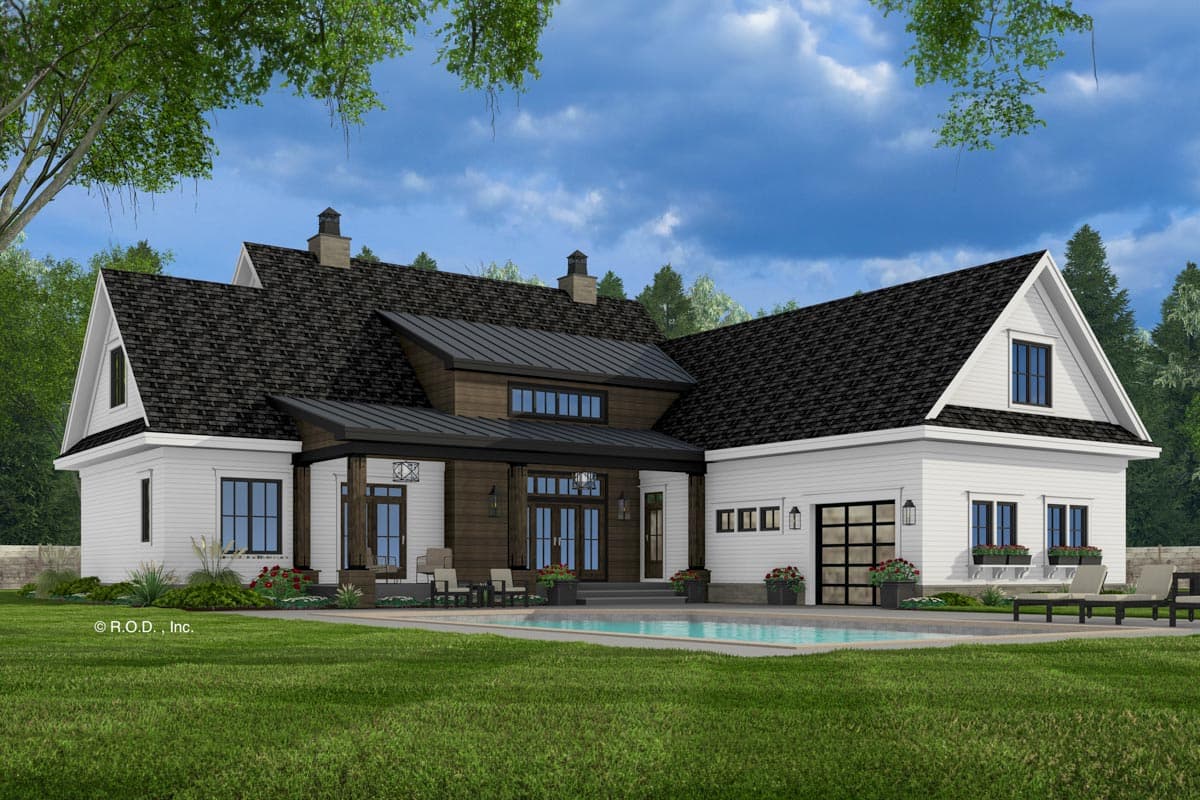 Modern farmhouse house plan exterior with covered porch, gables, and attached garage with glass door.