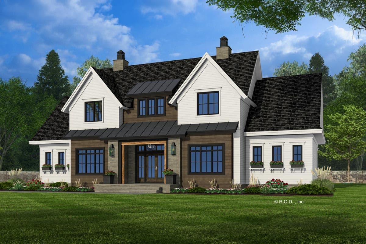 House plan exterior: Modern Farmhouse style, two stories, prominent gables, dormers, and a covered entryway with double doors.