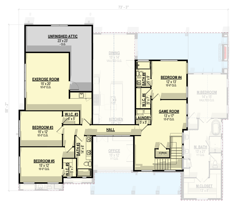 Plan 307718RAD: 5-Bed New American House Plan with Home Office - 3821 Sq Ft - Floor Plan - 2nd Floor - Modern Farmhouse, New American