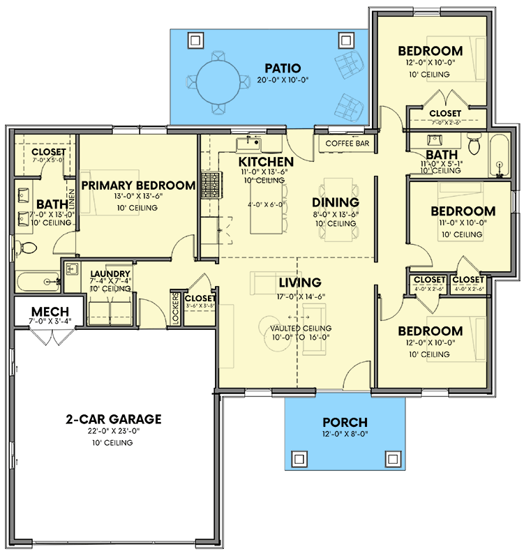 Plan 380021ASH: 4-Bed Craftsman Ranch House Plan with Outdoor Covered Patio - 1550 Sq Ft - Floor Plan - Main Level - Country, Craftsman, Ranch
