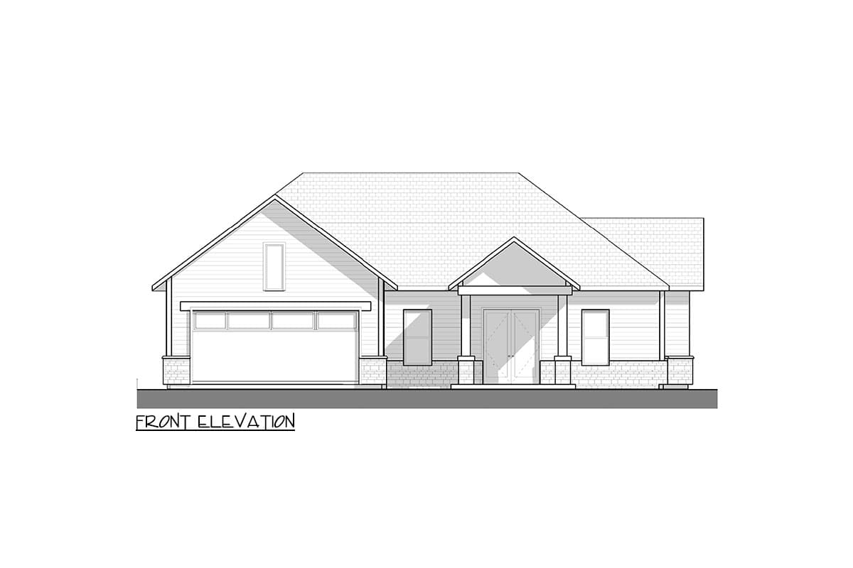 Front elevation drawing of a one-story house with a gabled front entrance, a side-facing garage, and double doors.