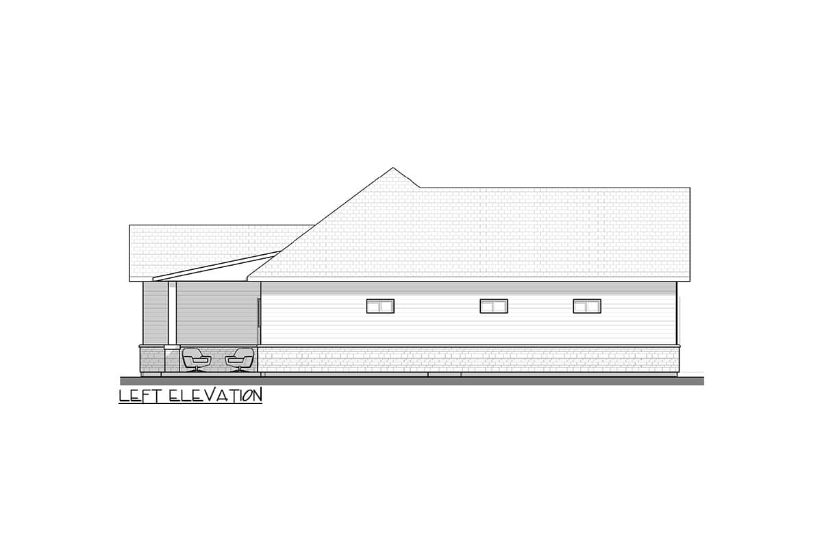 Left elevation of a house plan showing a covered porch, horizontal siding, three windows, and a prominent gable roofline.