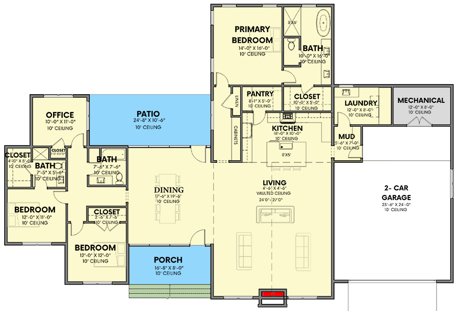 Plan 380022ASH: 4-Bed Mountain Modern House Plan with Vaulted Living Room - 2715 Sq Ft - Floor Plan - Main Level - Modern, Mountain, Ranch