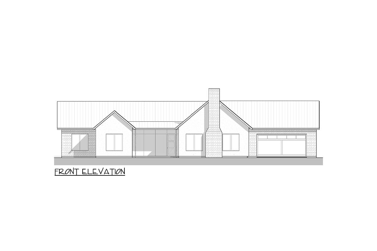 Front elevation drawing of a single-story house with a brick chimney, gabled rooflines, and a two-car garage.