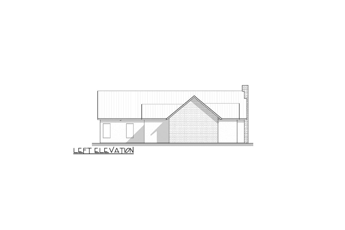 Left elevation drawing of a house plan with a gable roof, brick facade, and chimney.
