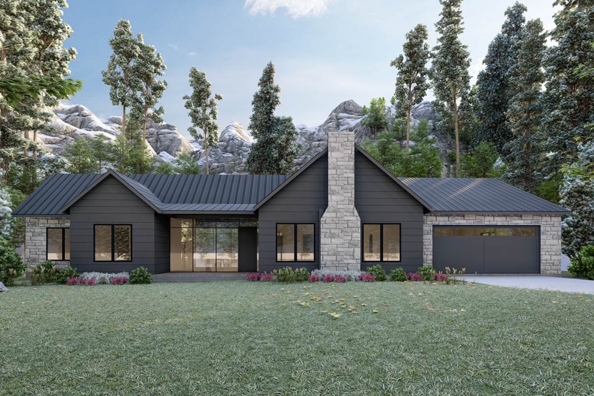 House plan exterior. Modern style, one-story home with stone accents, a metal roof, and a prominent chimney feature.
