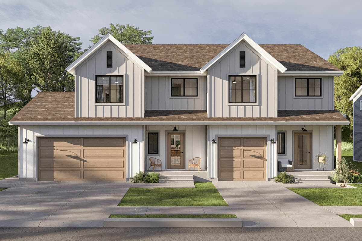 Two-story Modern Farmhouse exterior with gabled roof, board and batten siding, and two-car garage. Porch and dormers are visible.