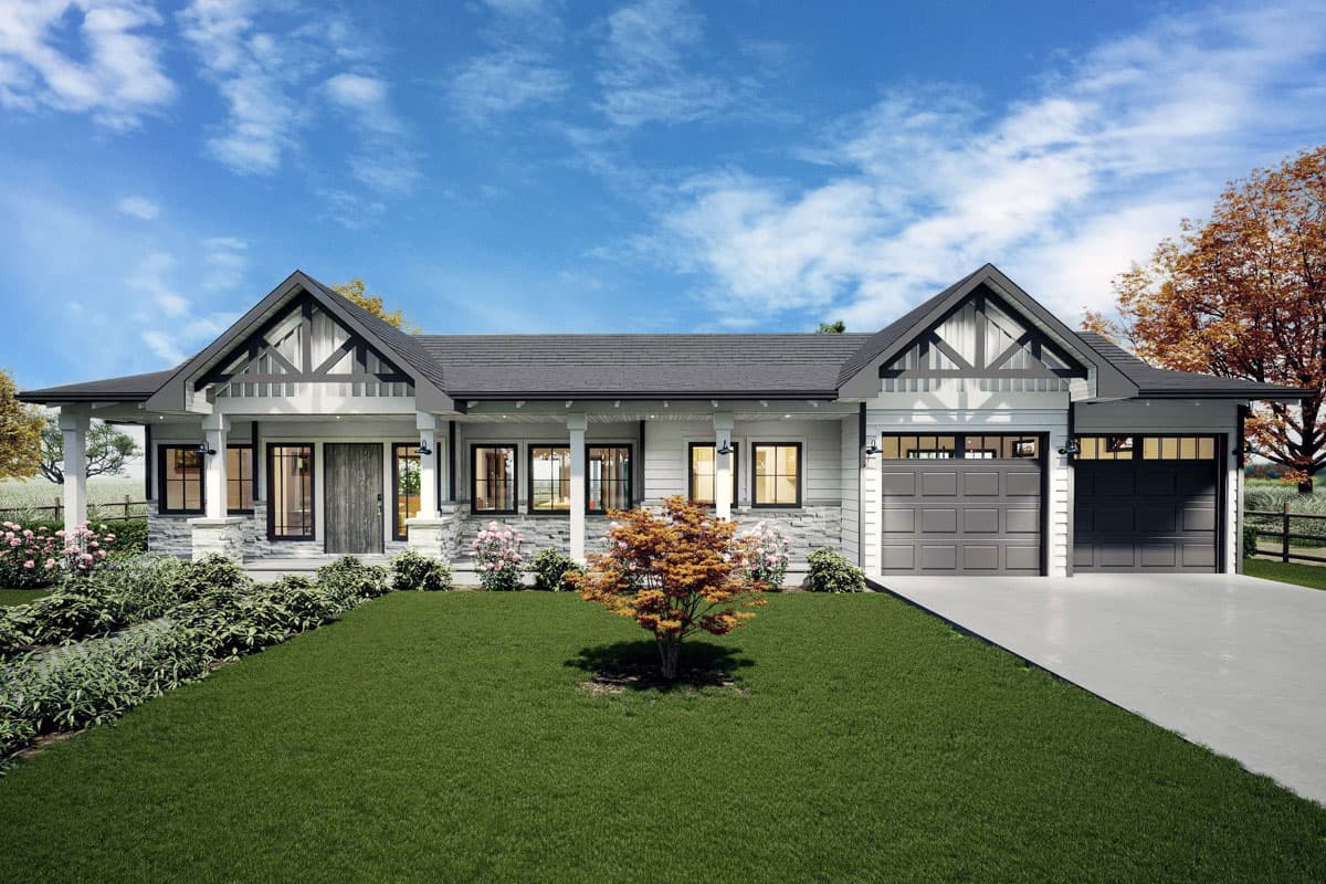 Modern Farmhouse house plan exterior with covered front porch, stone accents, gables, and a two-car garage.