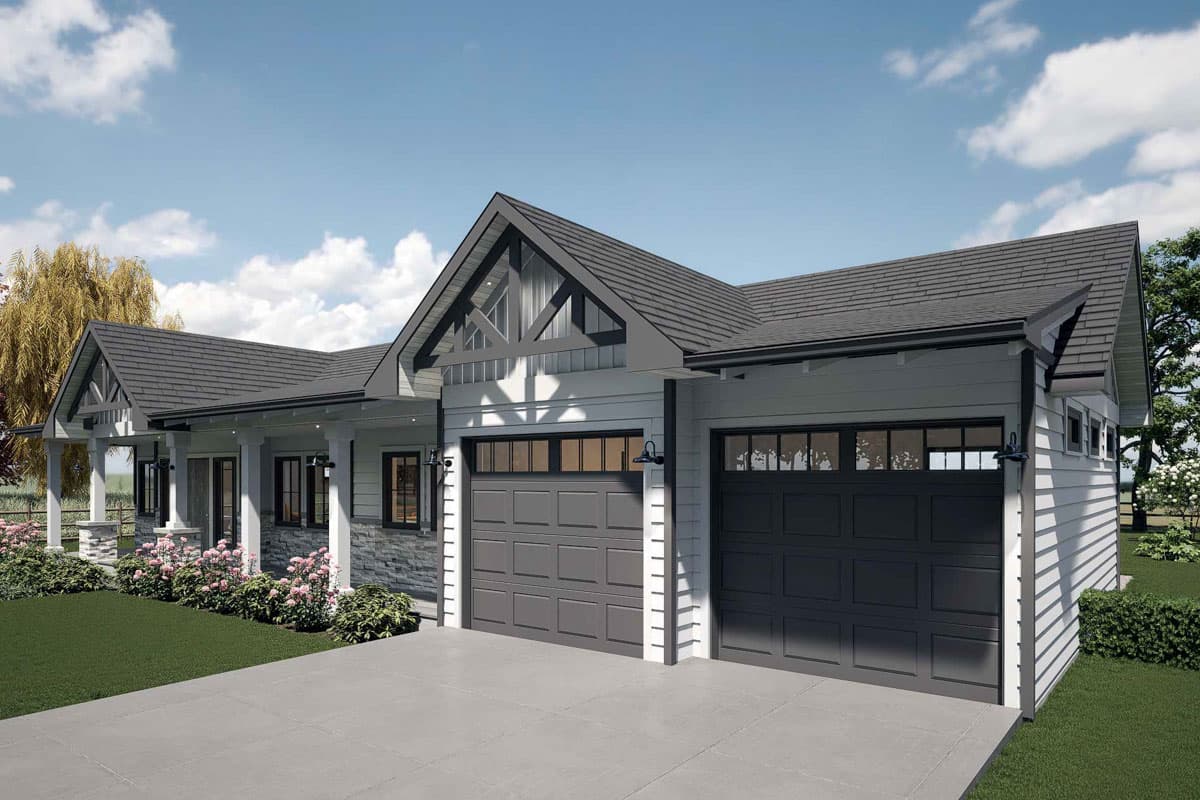 House plan exterior: Modern Farmhouse style, one story, with covered front porch, stone accents, and a three-car garage.
