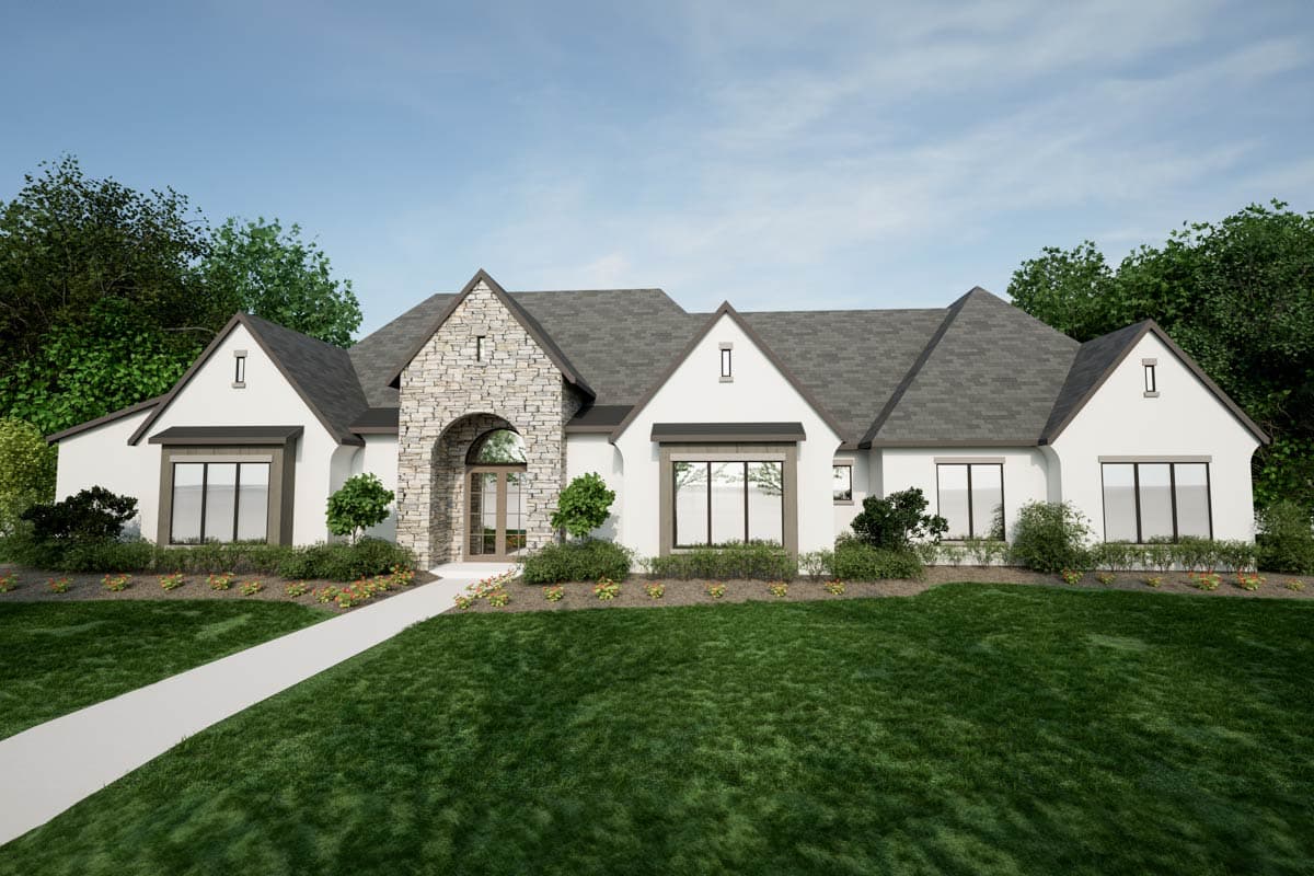 House plan exterior. One-story Ranch style home with stone archway, multiple gables, and dark framed windows. Gray roof and white siding.