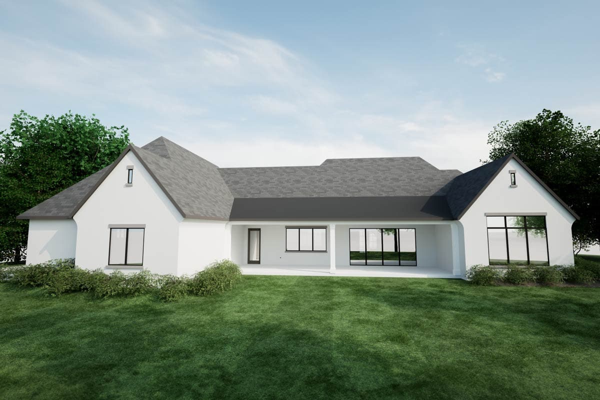 House plan exterior rendering: Modern one-story with gabled dormer, covered patio, and large windows.