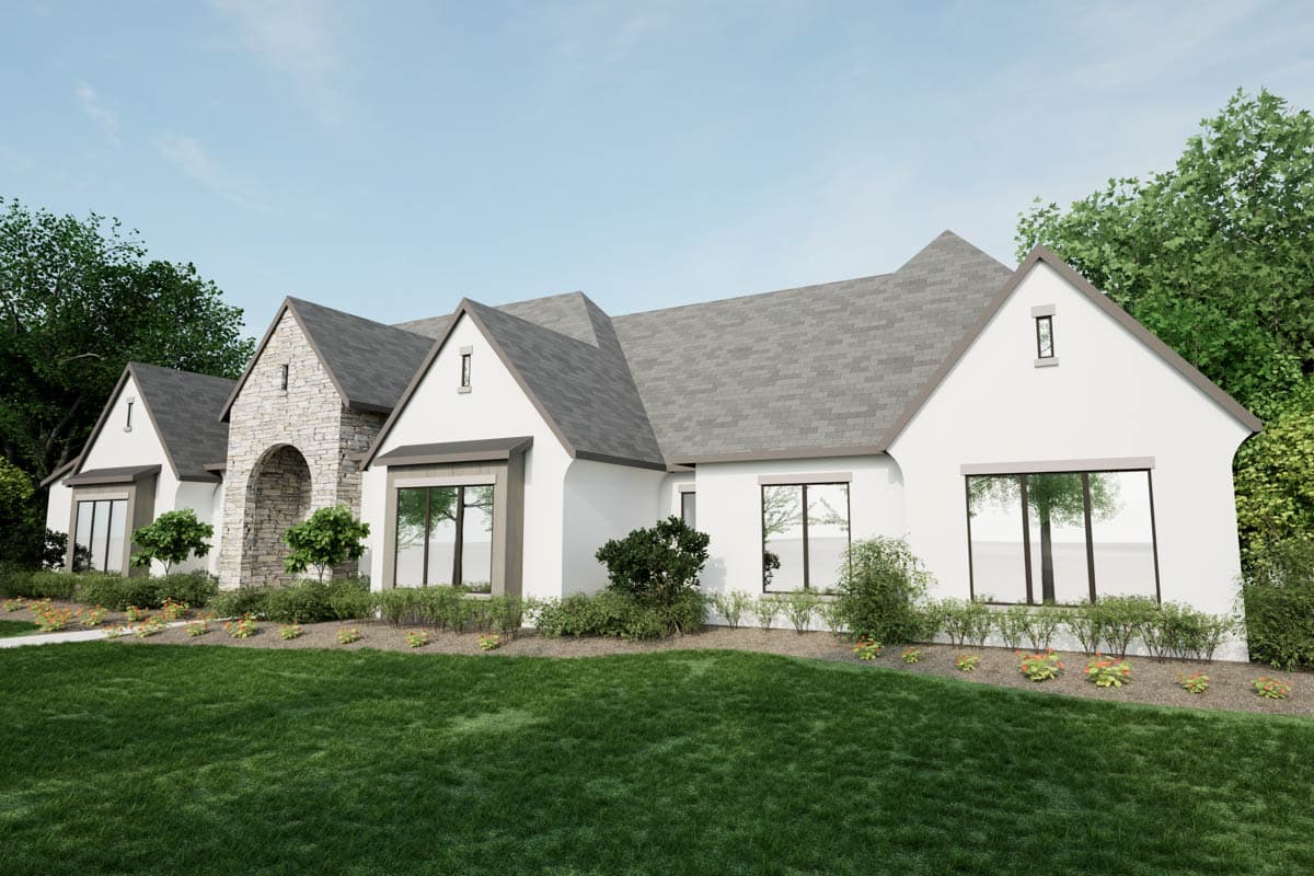 House plan exterior of a single-story home with a stone-arched entryway, multiple gables, and large windows.