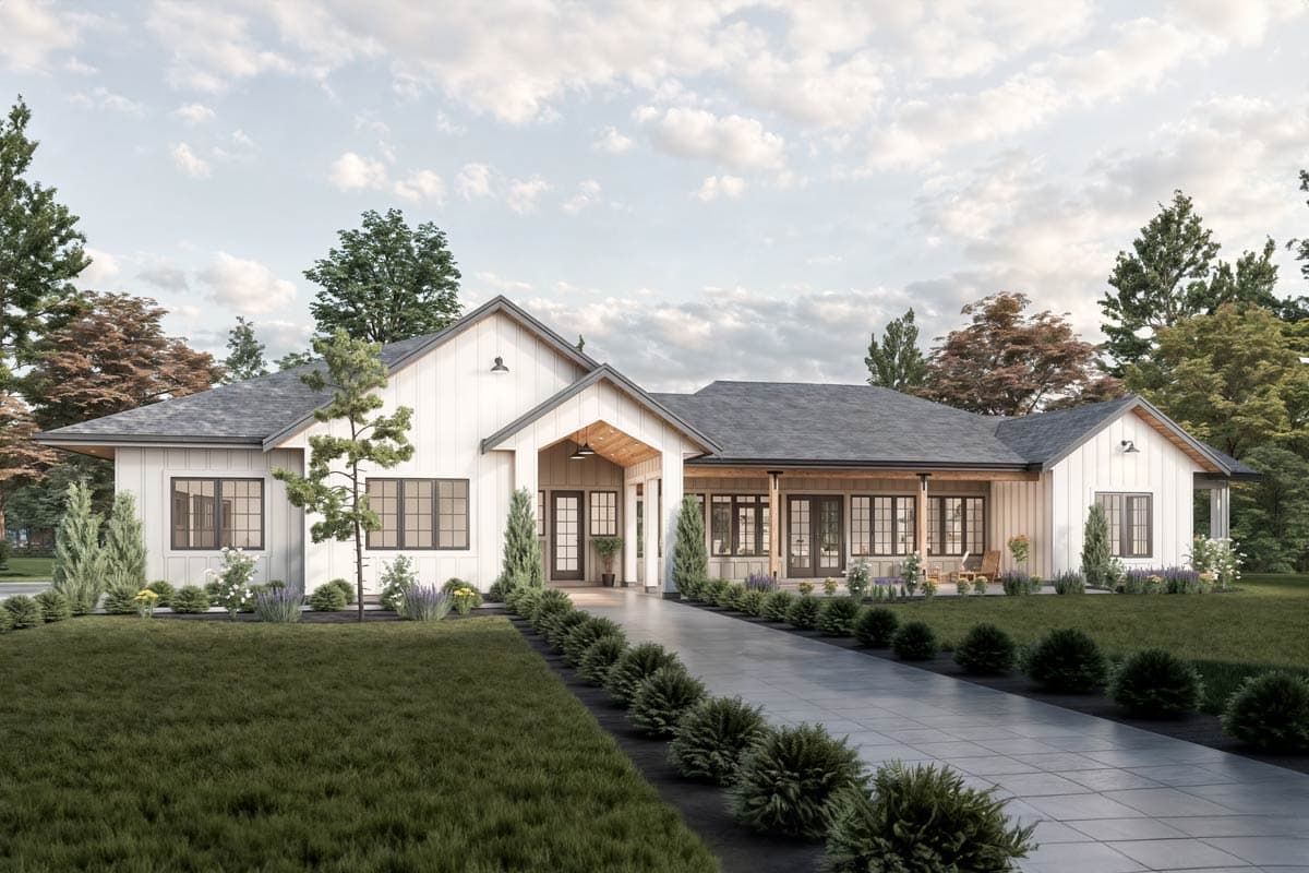 House plan exterior. One-story farmhouse style with front porch, gable roof, and board-and-batten siding. Includes a covered entry.