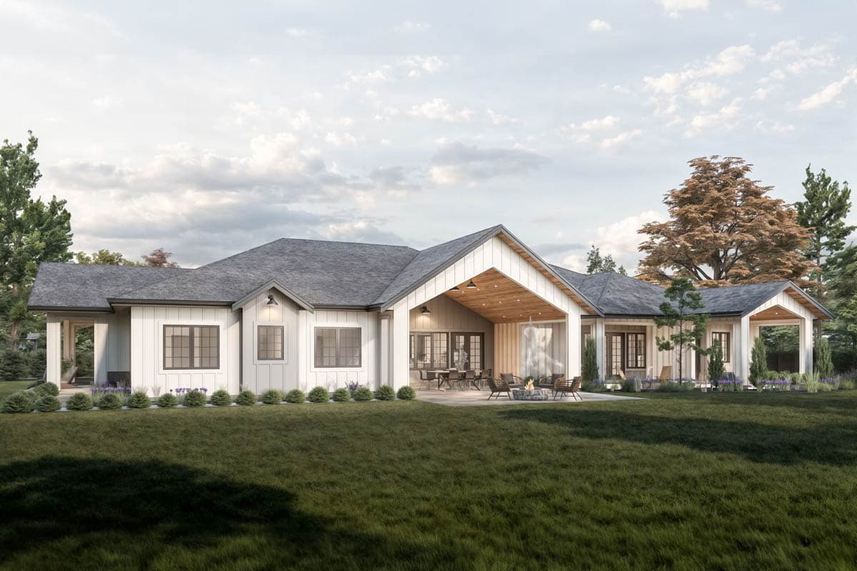 Modern Farmhouse house plan exterior with gable rooflines, covered patios, and an open-concept outdoor living area.