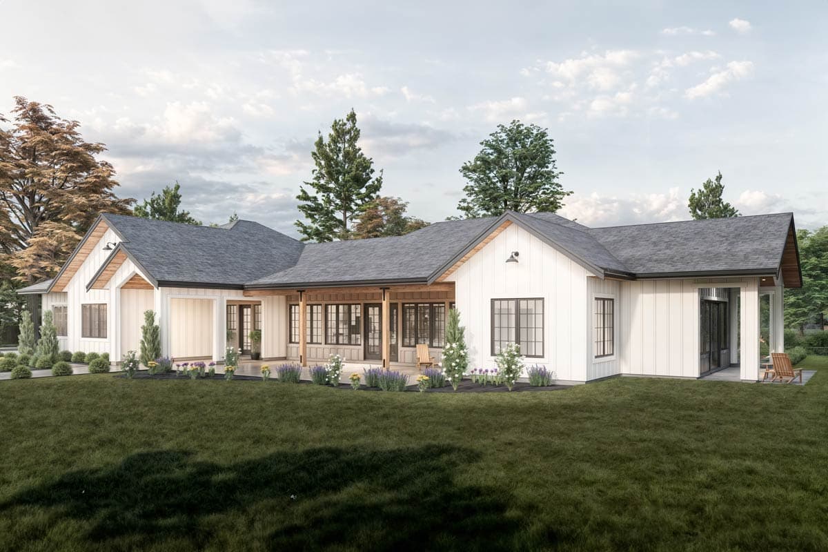 House plan exterior: Single-story Modern Farmhouse with gabled dormers, covered porch, and board-and-batten siding.