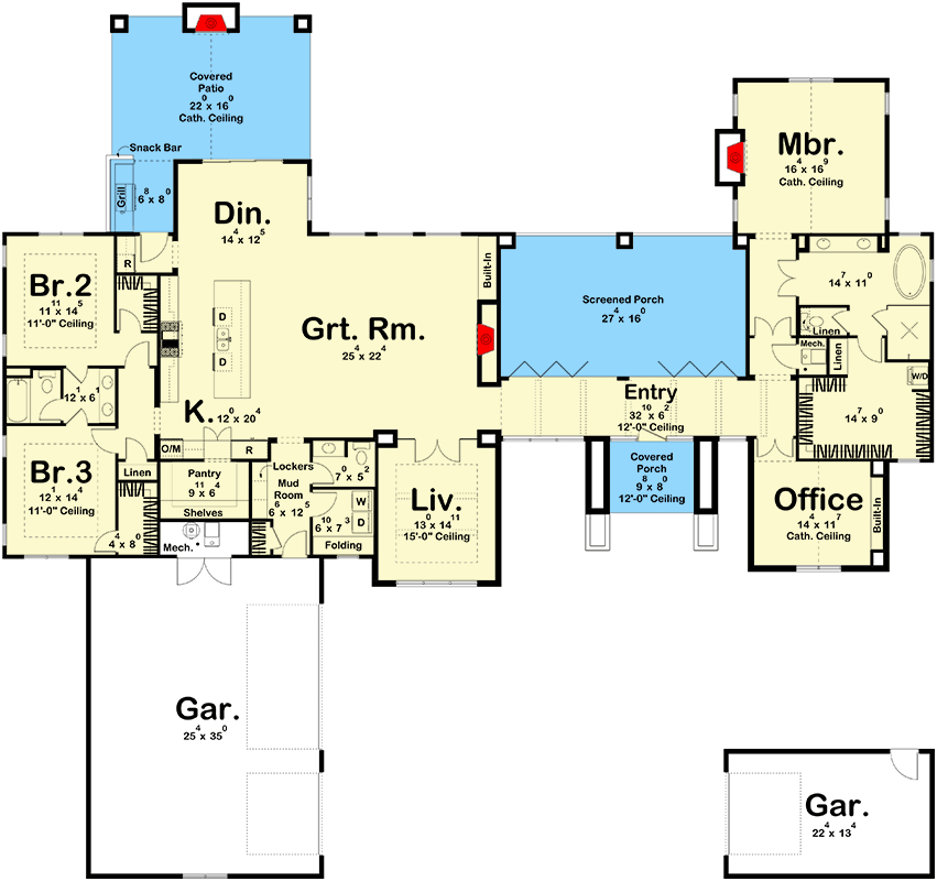 Plan 623425DJ: One-Story Texas Hill Country House Plan with Large Outdoor Living Spaces - 3283 Sq Ft - Floor Plan - Main Level - Hill Country, Ranch