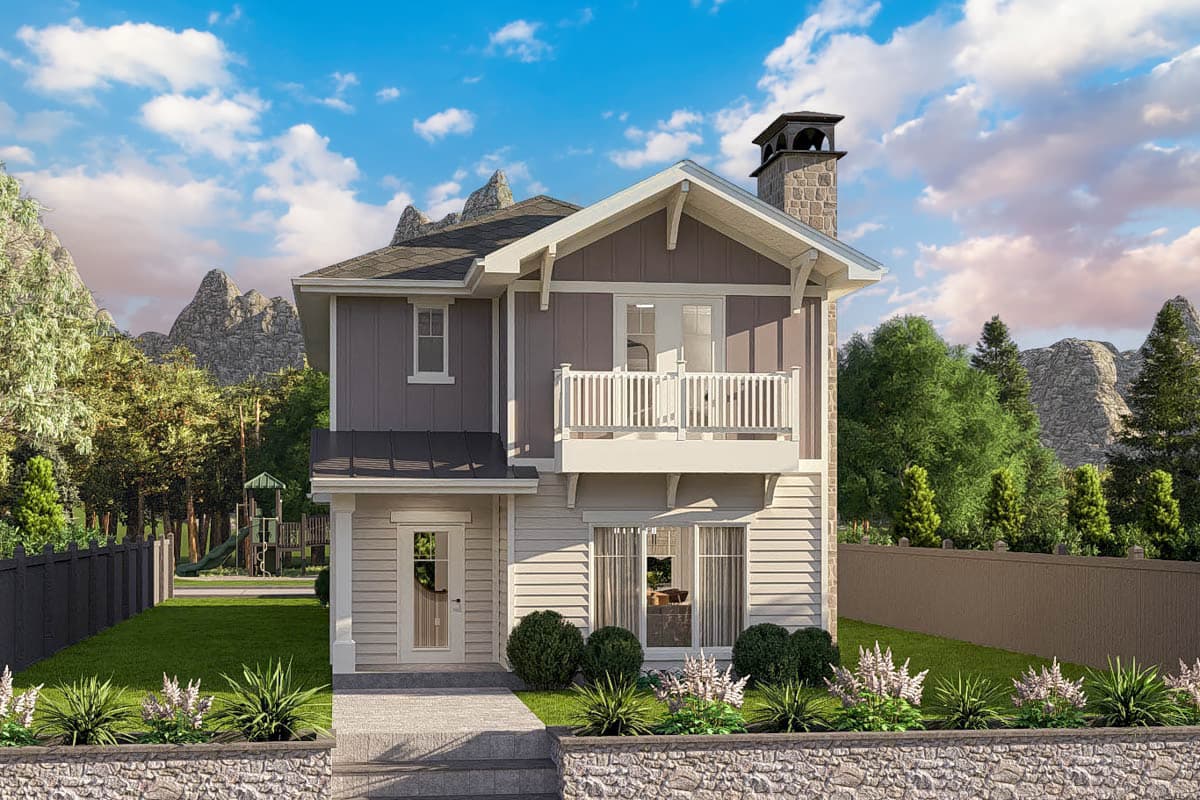 House plan exterior with two stories, a balcony, and a stone chimney. Gable roof and front door with sidelights. Siding and stone detailing.