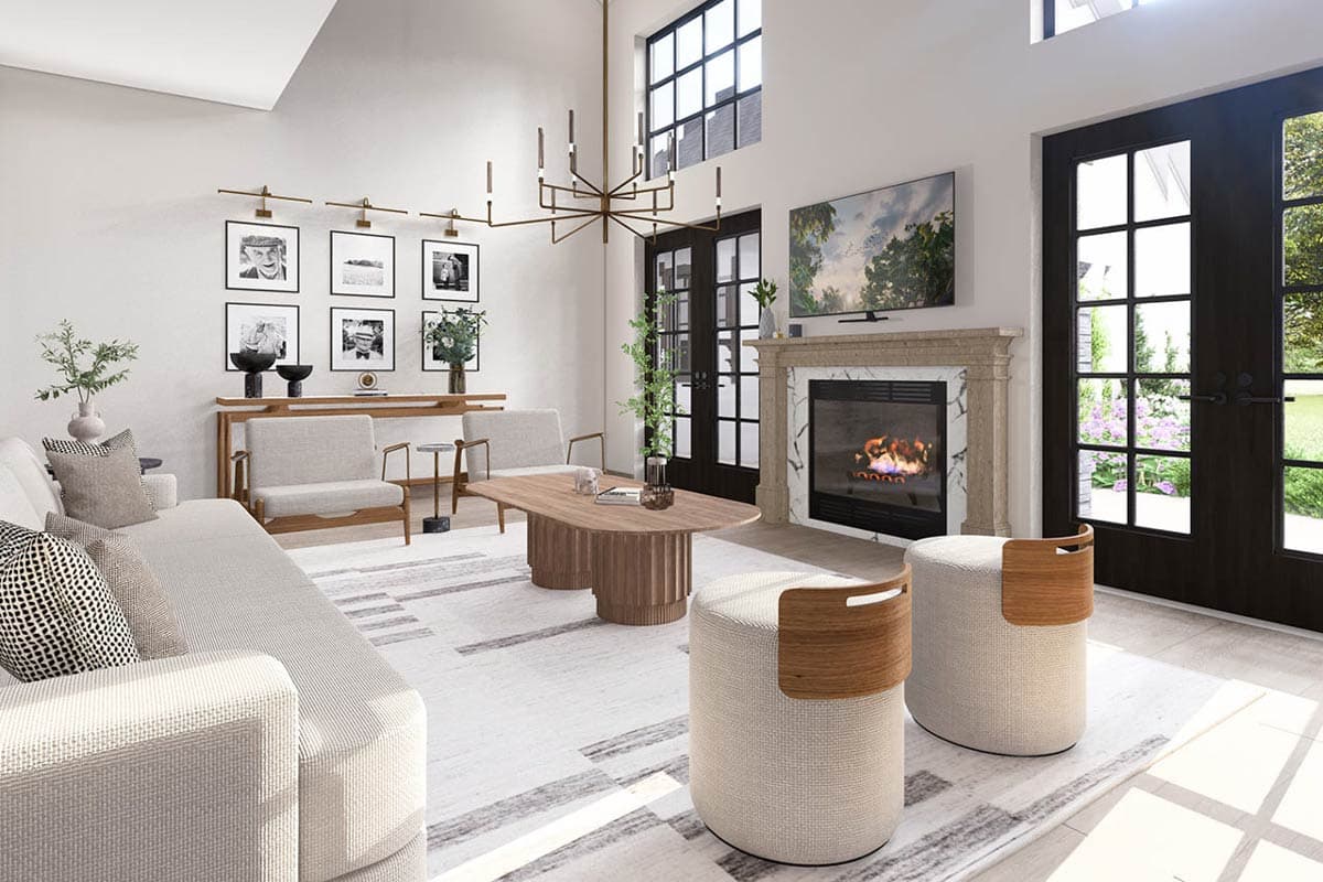 Interior rendering of a great room with a fireplace, large windows, and double doors, featuring a sectional sofa and modern furniture.