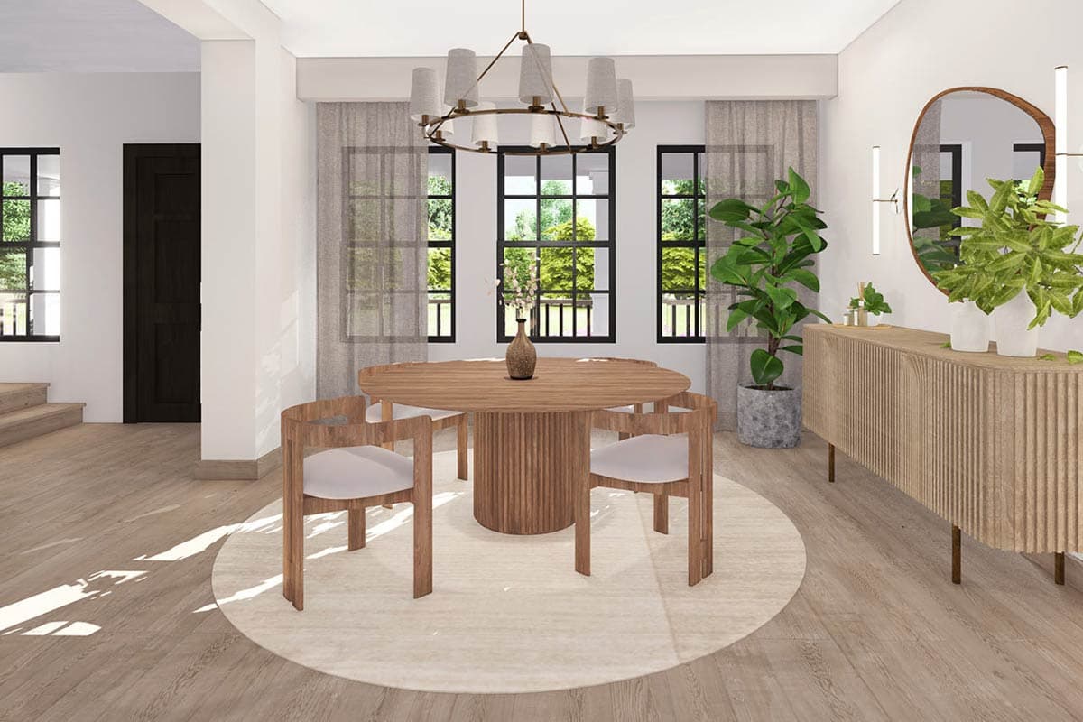 Dining room with round wood table, four chairs, textured credenza, and large windows with black grilles.