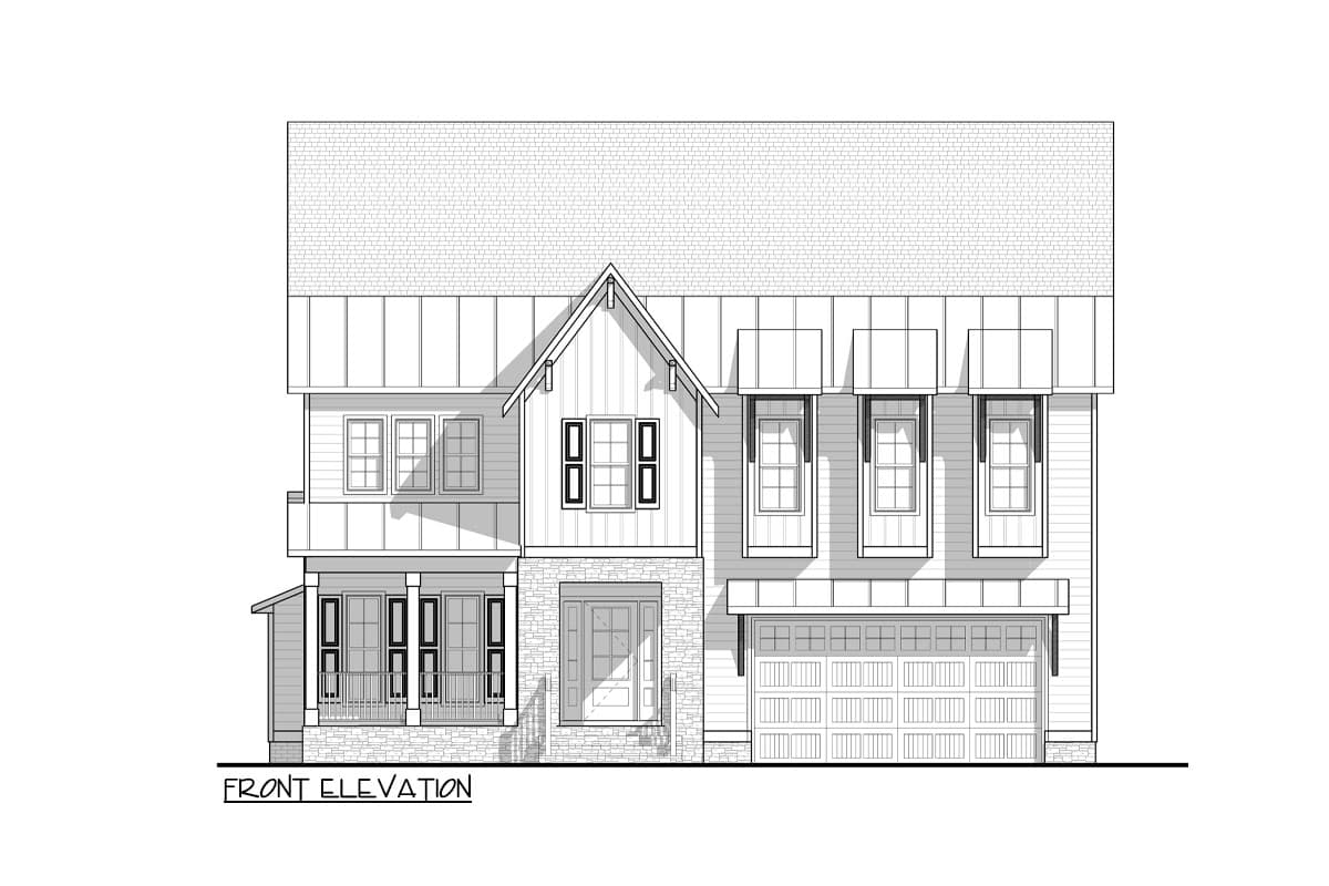 Front elevation drawing of a two-story house with a metal roof, gables, porch, and attached garage.