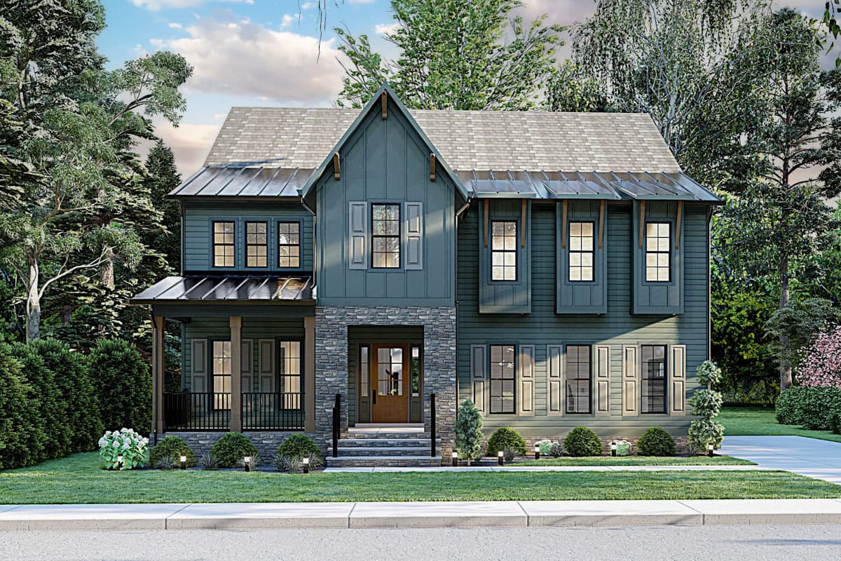 Modern Farmhouse style house plan exterior with a prominent gable, covered front porch, stone accents, and metal roof.