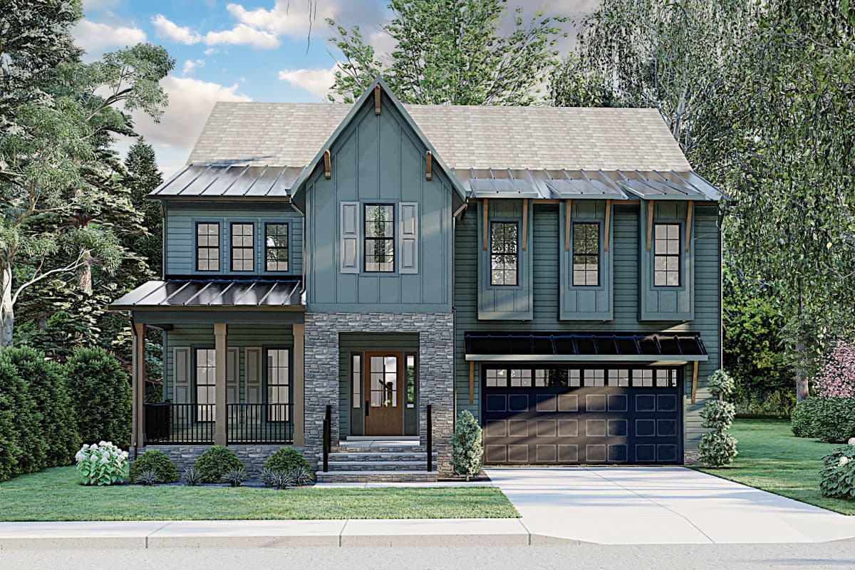 House plan exterior. Two-story Modern Farmhouse with stone facade, metal roof accents, porch, dormers, and attached garage.