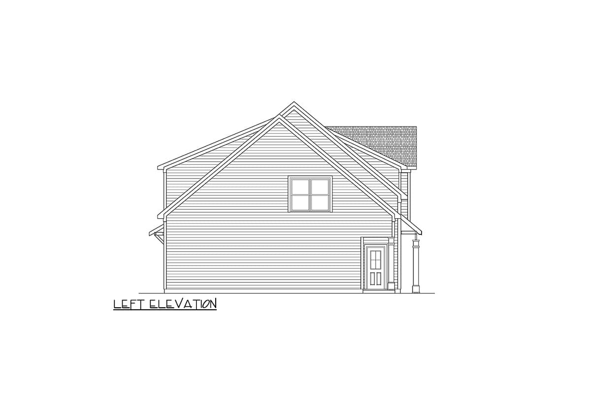 Left elevation drawing of a two-story house plan with gabled roof, dormer window, and a covered entryway.