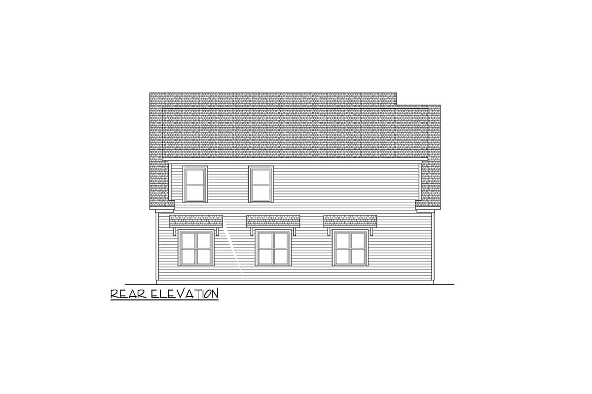 Rear elevation drawing of a two-story house plan with horizontal siding and multiple windows.