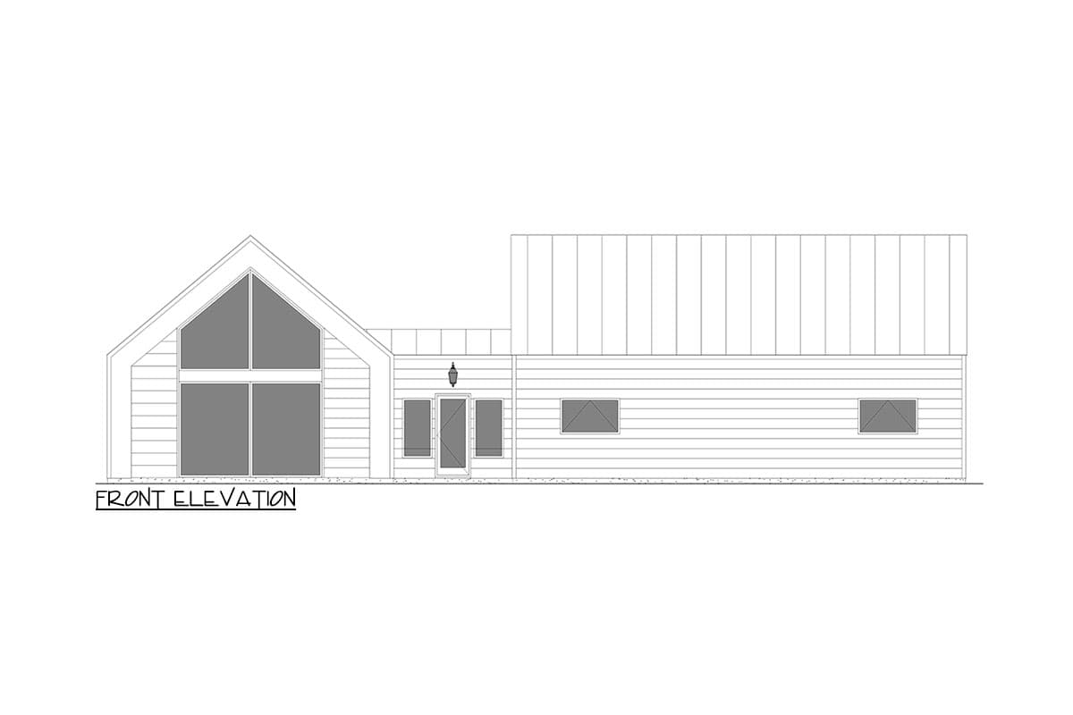 Front elevation drawing of a house with a gable roof, large gable window, and attached shed roof section.
