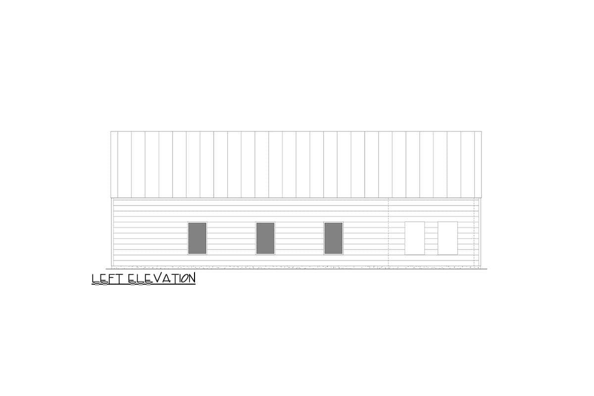 Left elevation drawing of a house plan with horizontal siding and three windows on the left and two on the right.