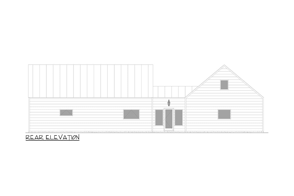 Rear elevation drawing of a house plan with a metal gable roof, horizontal siding, and a central entrance with sidelights.