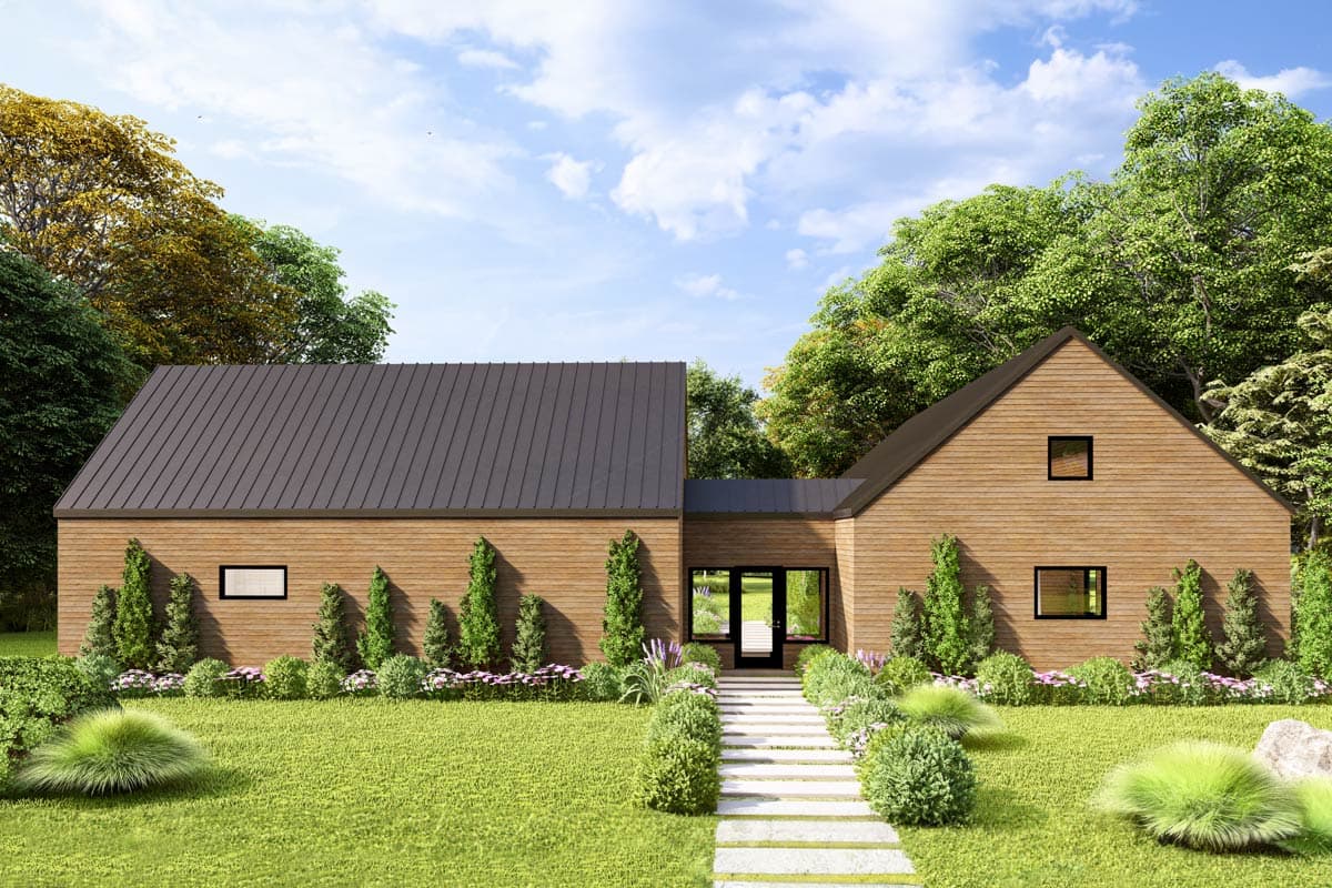 Modern house plan exterior with horizontal wood siding, metal gable roofs, and minimalist windows.