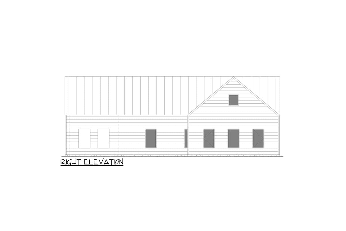 Right elevation house plan drawing showing a gabled roofline, horizontal siding, and several windows.