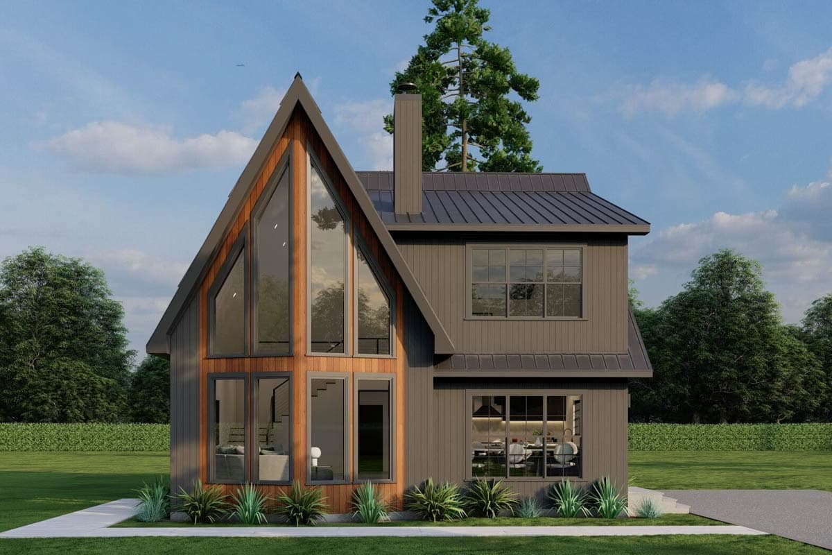 House plan exterior with two stories. Features include an A-frame gable, vertical wood paneling, and large windows. Gray and wood tones are prominent.