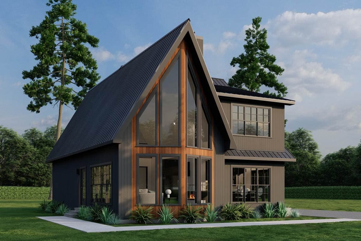 Modern A-frame house plan exterior with a tall, steeply pitched roof, large A-frame windows, and wood siding accents.