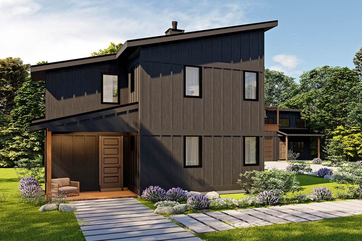 House plan exterior. Two-story modern style with board and batten siding, covered entry porch, and a shed roof.